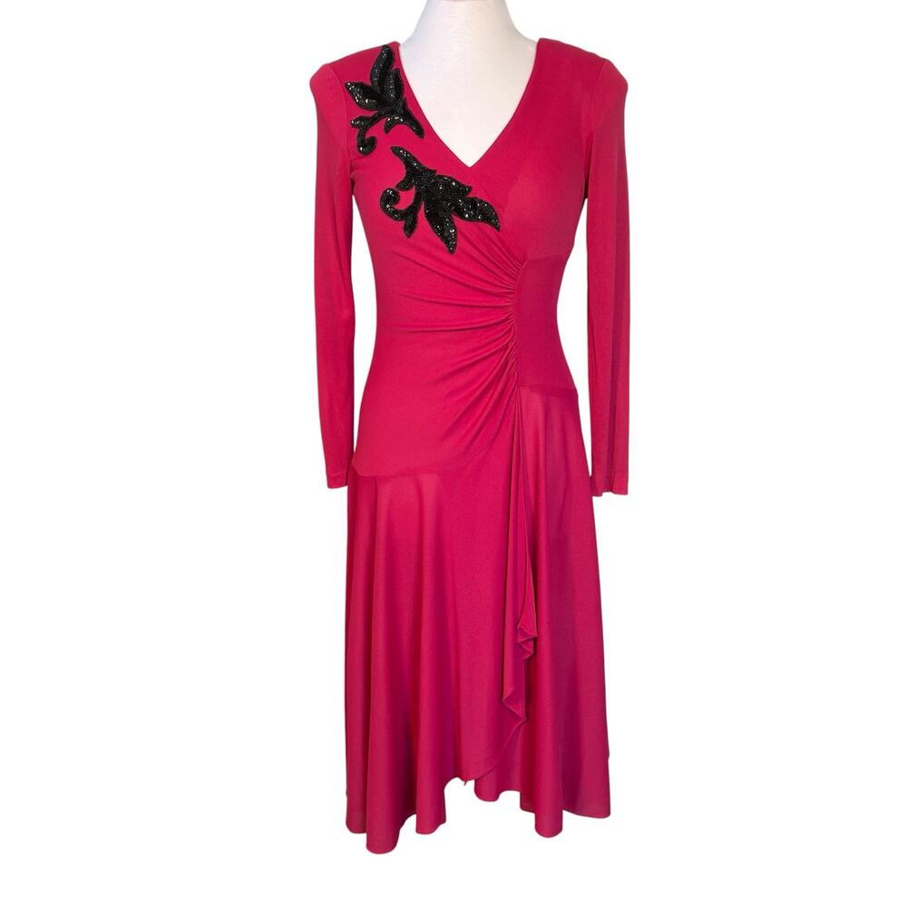 Vintage AYRES by Eysen Pink & Black Beaded Faux Wrap Dress 70s Disco Cocktail M